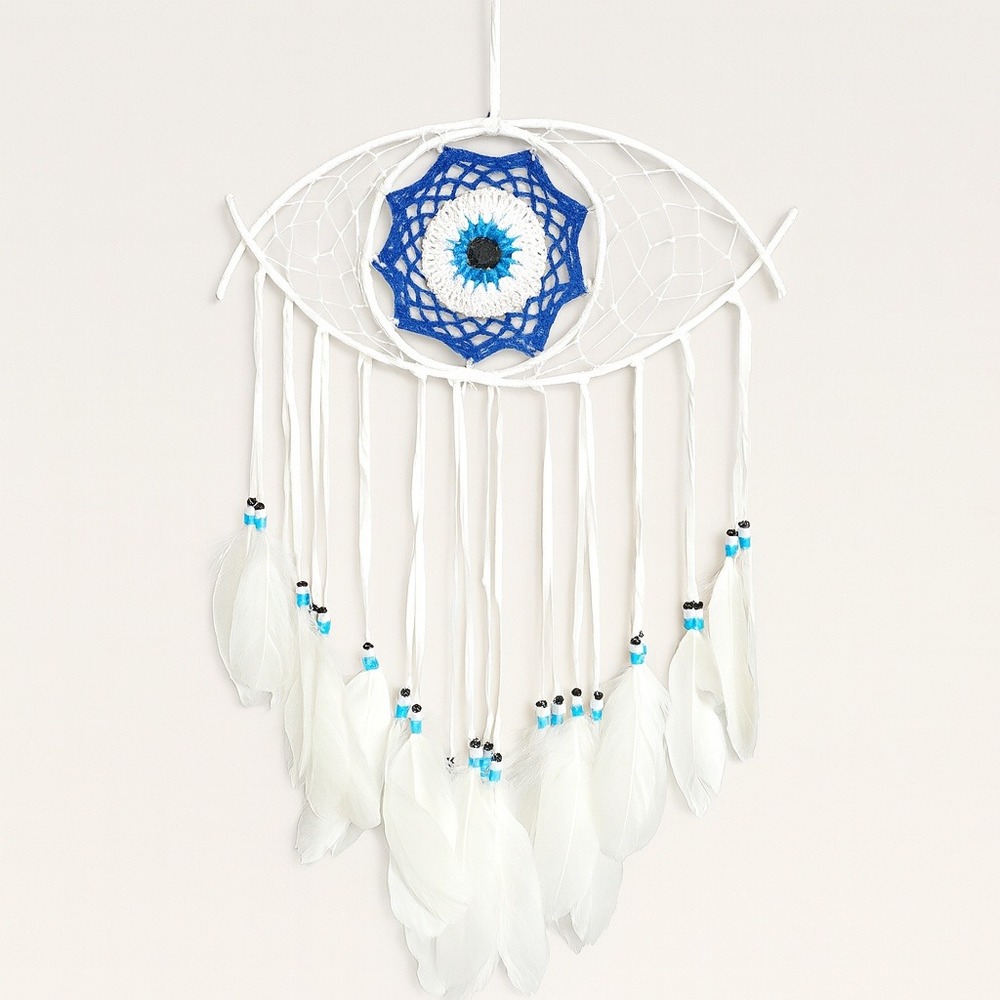Evil Eye Dream Catcher Boho Wall‎ Hanging White Blue Feathers Protection Symbol